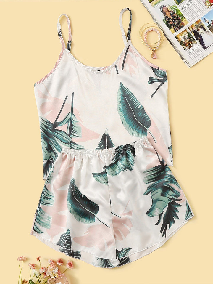 Shein- Tropical Print Satin Cami PJ Set