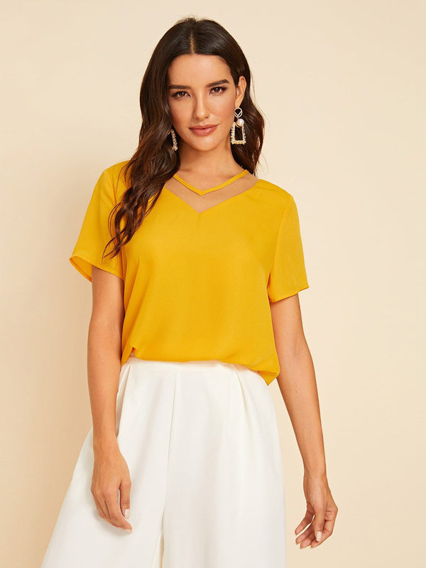 Shein- Mesh Insert Short Sleeve Top