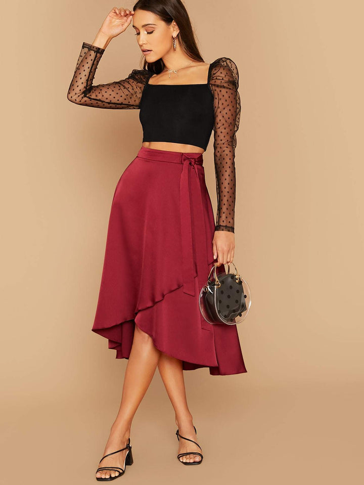 SHEIN- Dobby Sheer Mesh Gigot Sleeve Crop Top