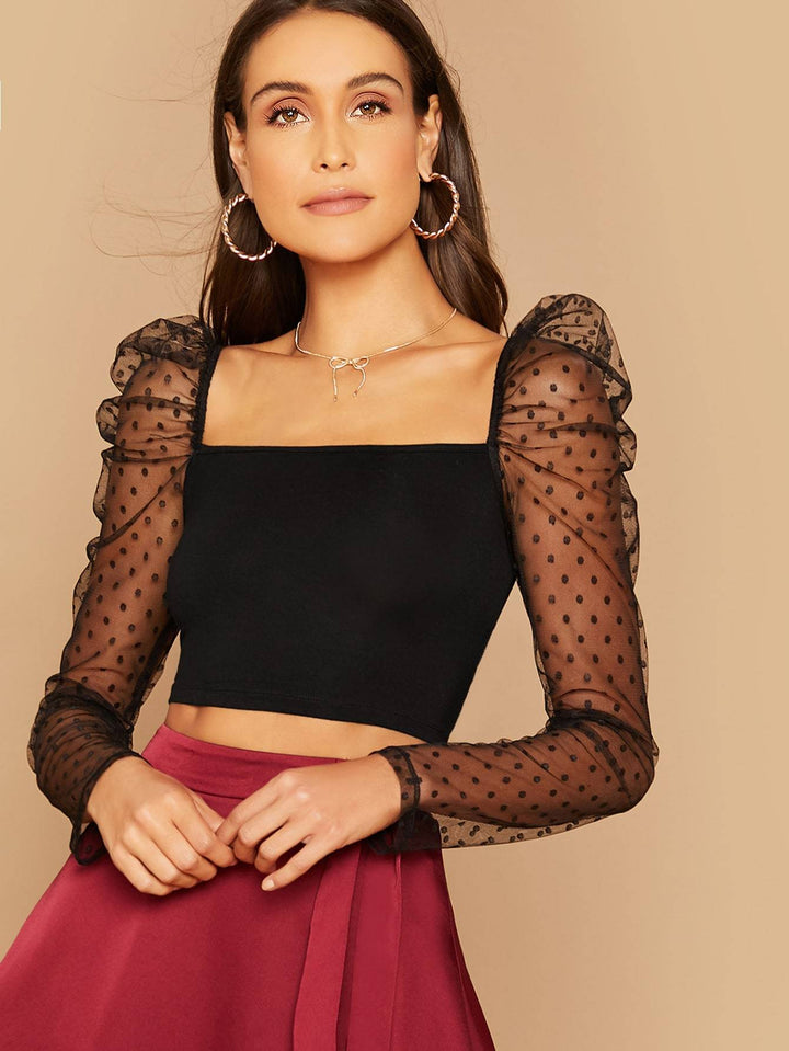 SHEIN- Dobby Sheer Mesh Gigot Sleeve Crop Top