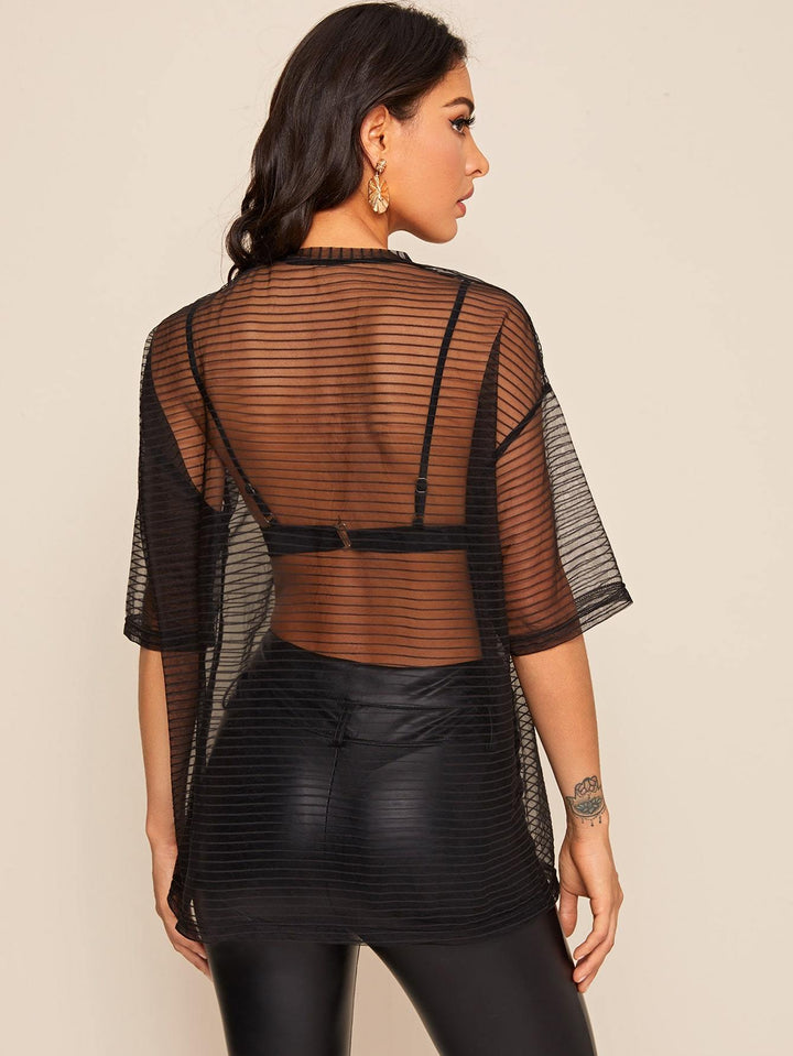 Copy of Shein- Drop Shoulder Striped Mesh Sheer Top Without Bra