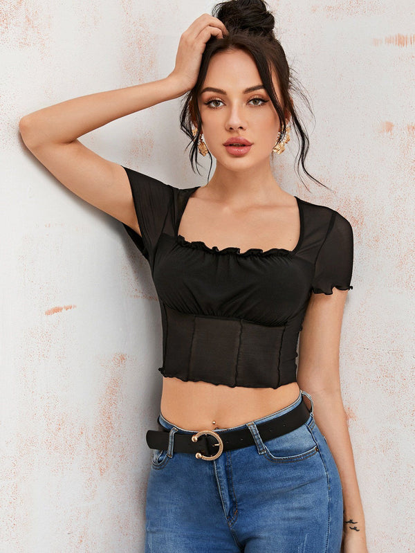 SHEIN- Lettuce Trim Ruched Bust Mesh Crop Top