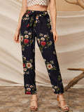 Shein- Floral Print Belted Straight Leg Pants