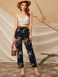 Shein- Floral Print Belted Straight Leg Pants