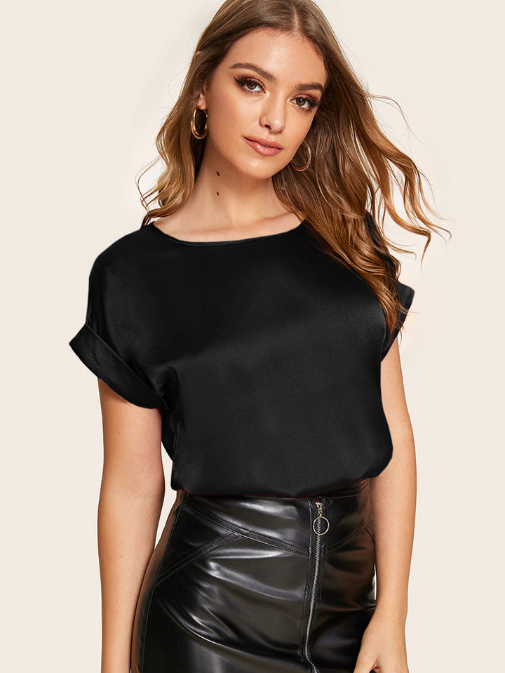 Shein- Rolled Cuff Batwing Sleeve Satin Top