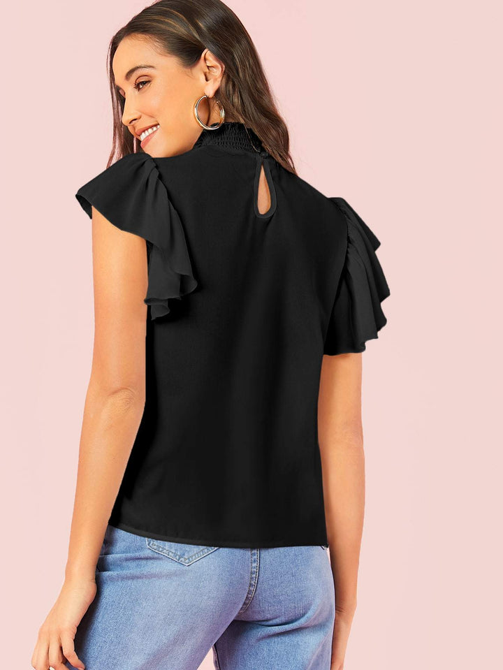 Shein- Shirred Neck Ruffle Armhole Top