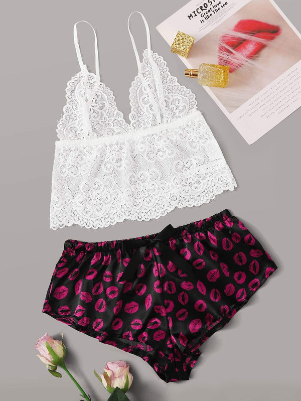 Shein- Contrast Lace Lip Print Satin Lingerie Set