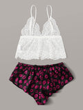 Shein- Contrast Lace Lip Print Satin Lingerie Set