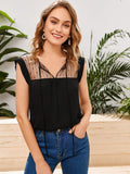 Shein- Tie Neck Mesh Yoke Top