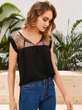 Shein- Tie Neck Mesh Yoke Top