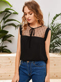 Shein- Tie Neck Mesh Yoke Top