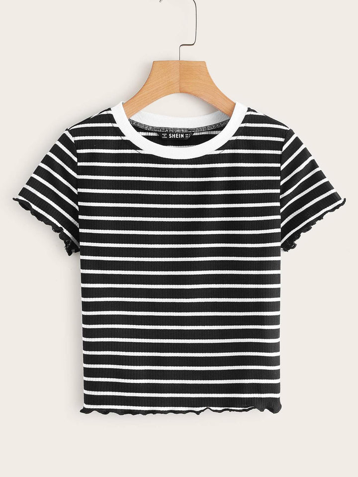 Shein- Lettuce Edge Striped Rib-knit Tee