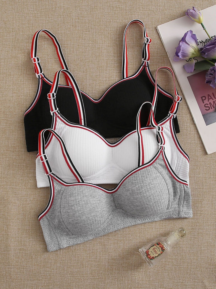 Shein- 3pack Rib Stripe Trim Bra Set