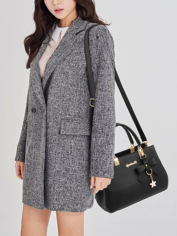 Shein- Black Metallic Embossed Shoulder Bag With Bag Pendant