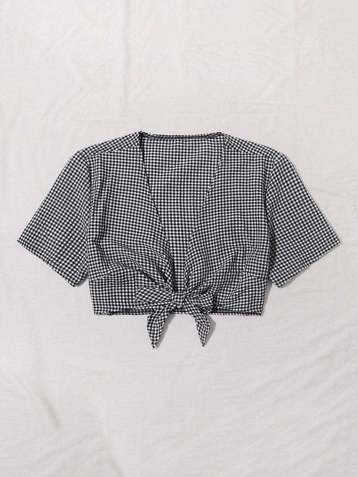 Shein- Gingham Tie Front Crop Top