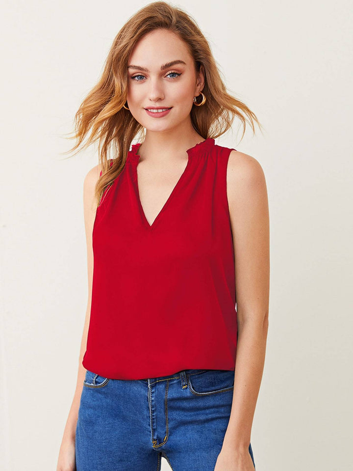 Shein- Notched Neck Frill Trim Top