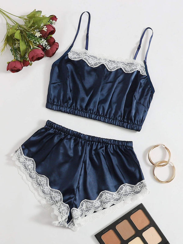 Shein- Satin Lace Trim Lingerie Set