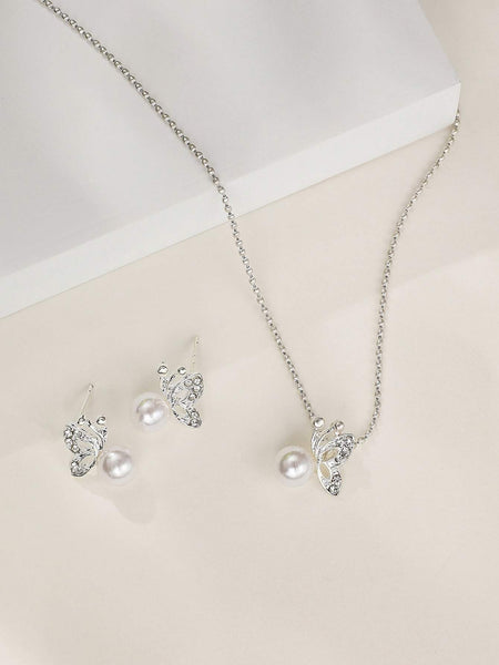 Shein- 1pc Rhinestone Decor Butterfly Necklace & 1pair Stud Earrings ...