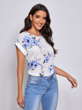 Shein- Floral Print Rolled Sleeve Top