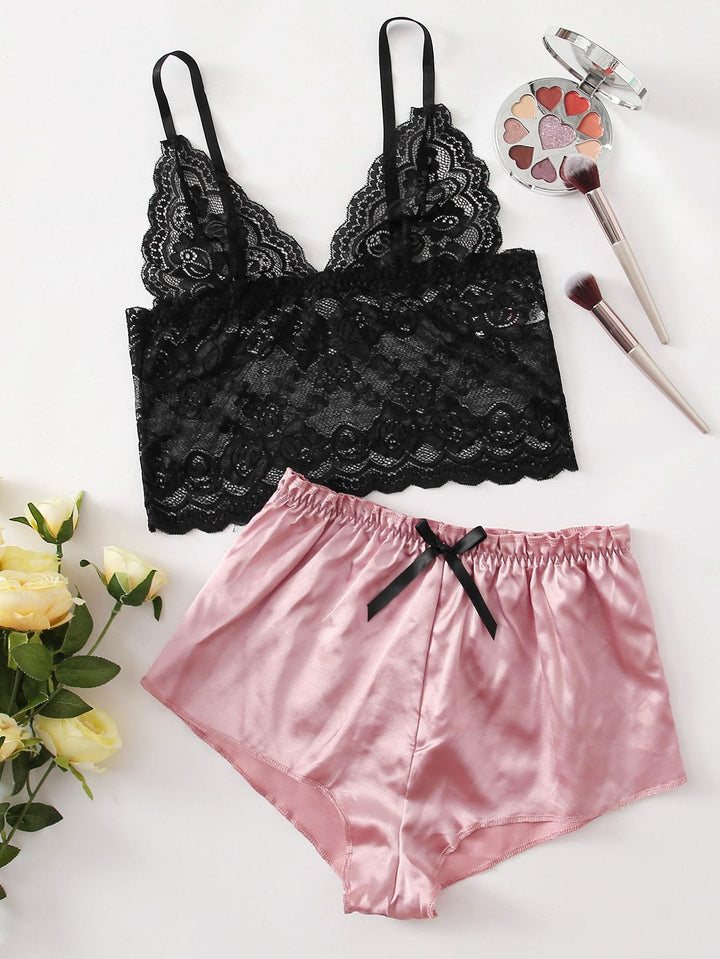 Shein- Floral Lace Satin Scalloped Lingerie Set