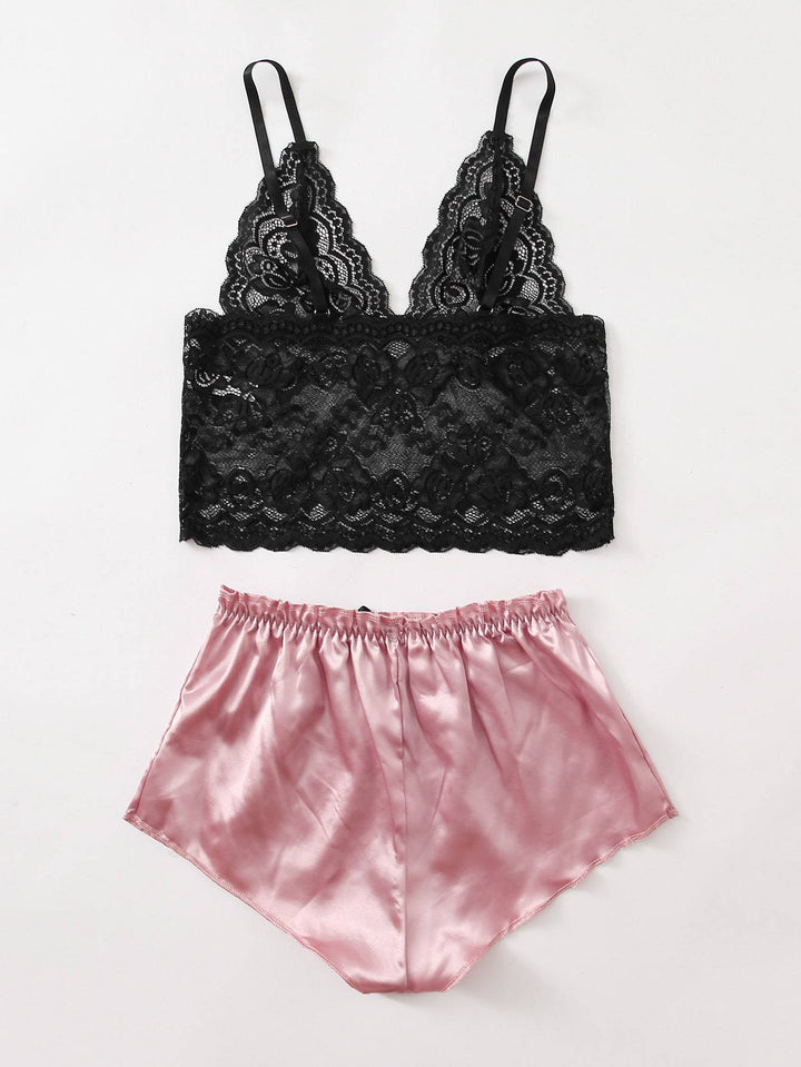 Shein- Floral Lace Satin Scalloped Lingerie Set