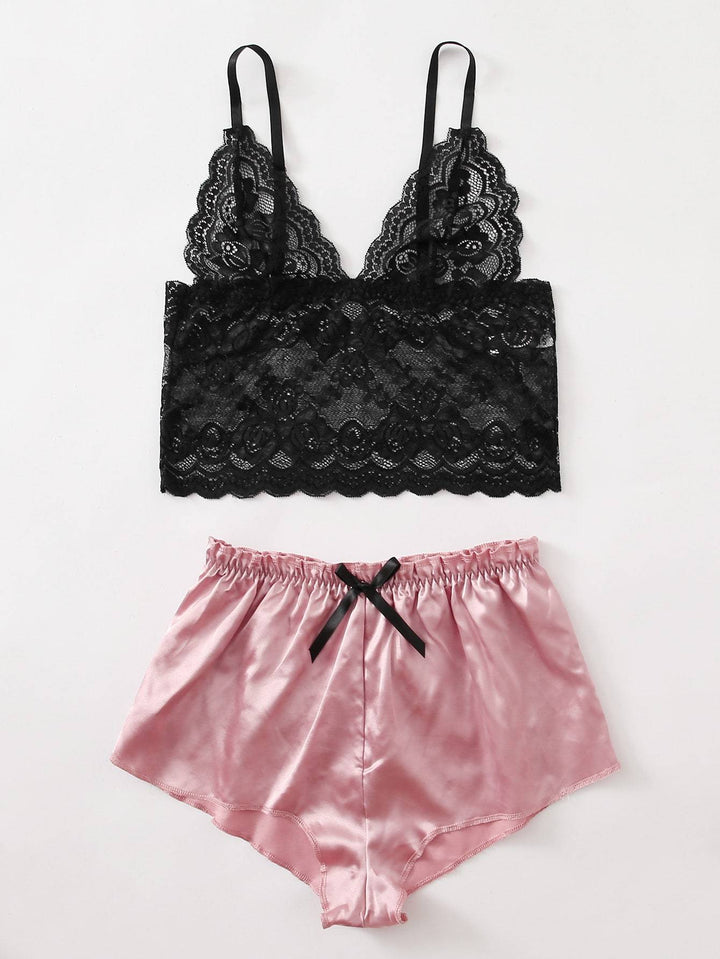 Shein- Floral Lace Satin Scalloped Lingerie Set