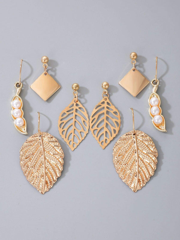 Shein- Faux Pearl Leaf Drop Earrings Set- 4 Pairs