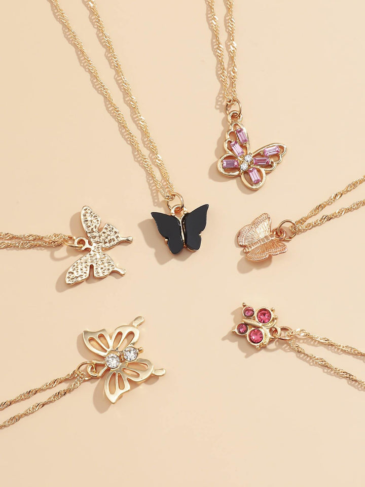 Shein- 6pcs Rhinestone Decor Butterfly Charm Necklace