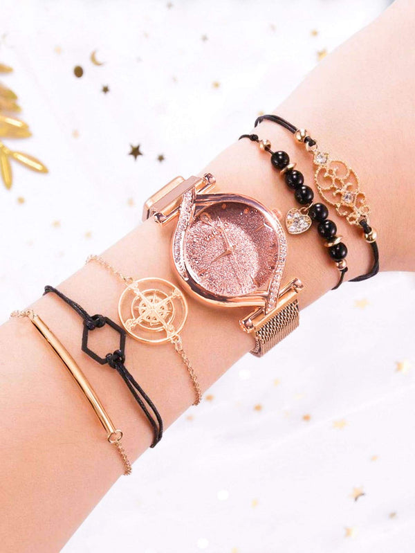 Shein- 1pc Rhinestone Decor Mesh Strap Quartz Watch & 5pcs Bracelet