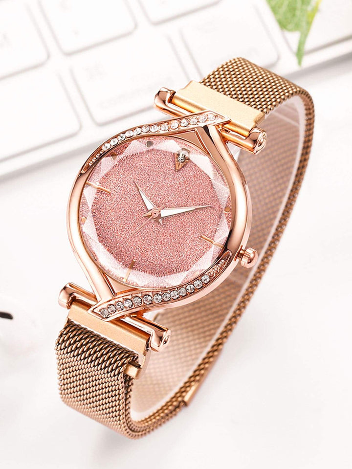 Shein- 1pc Rhinestone Decor Mesh Strap Quartz Watch & 5pcs Bracelet