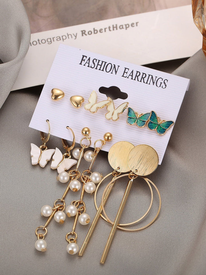 Shein- 6pairs Faux Pearl & Butterfly Decor Earrings