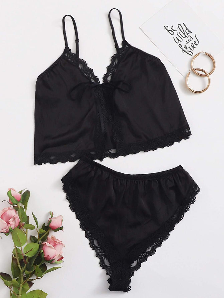 Shein- Lace Trim Satin Lingerie Set