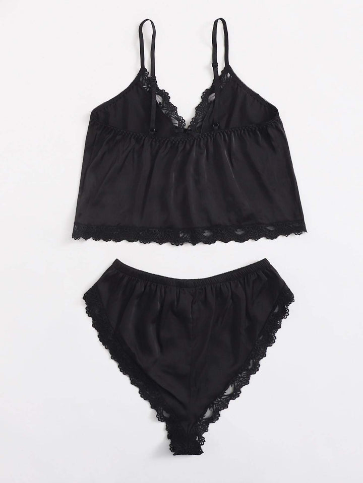 Shein- Lace Trim Satin Lingerie Set