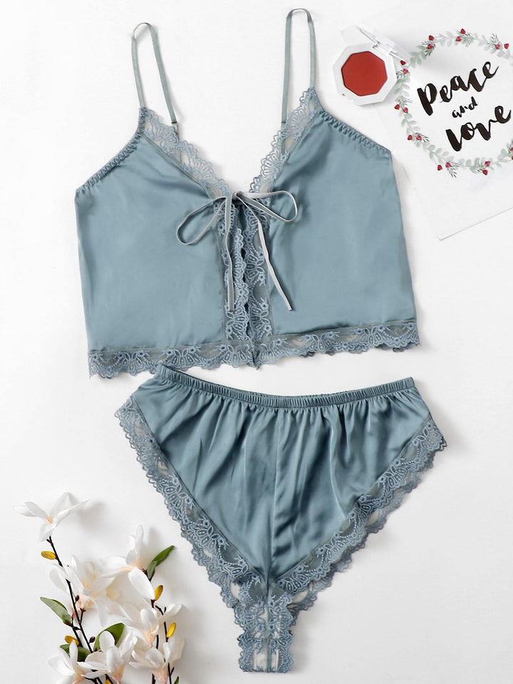 Shein- Lace Trim Satin Lingerie Set