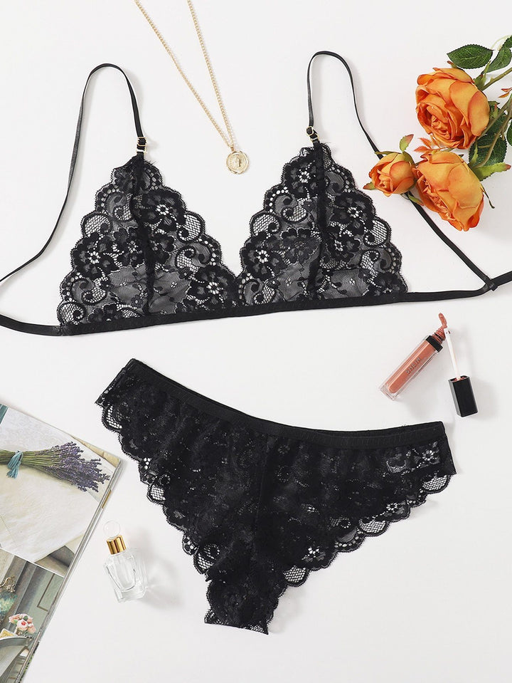 Shein- Floral Lace Scalloped Lingerie Set