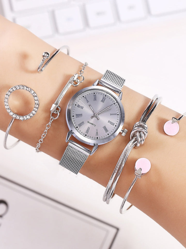 Shein- 1pc Round Pointer Quartz Watch & 4pcs Bracelet