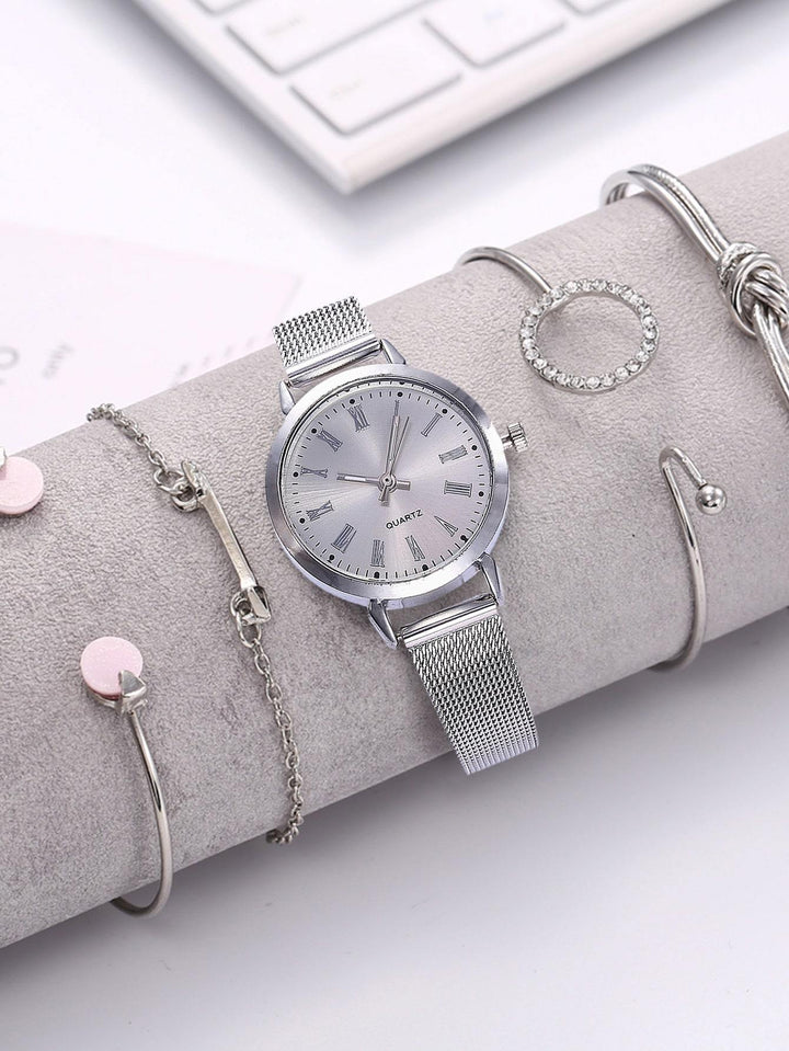 Shein- 1pc Round Pointer Quartz Watch & 4pcs Bracelet