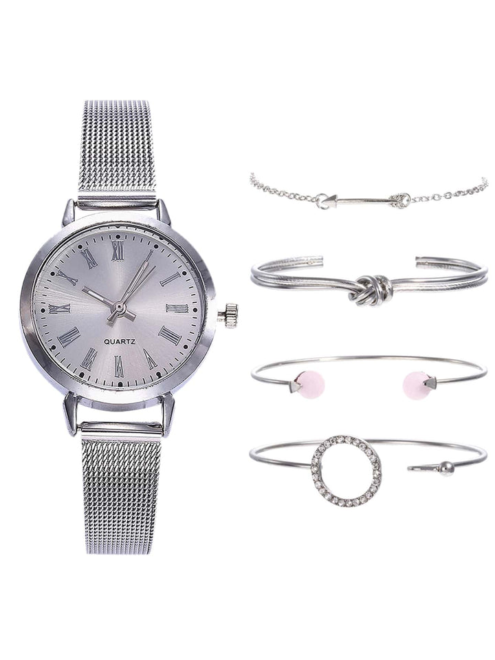 Shein- 1pc Round Pointer Quartz Watch & 4pcs Bracelet