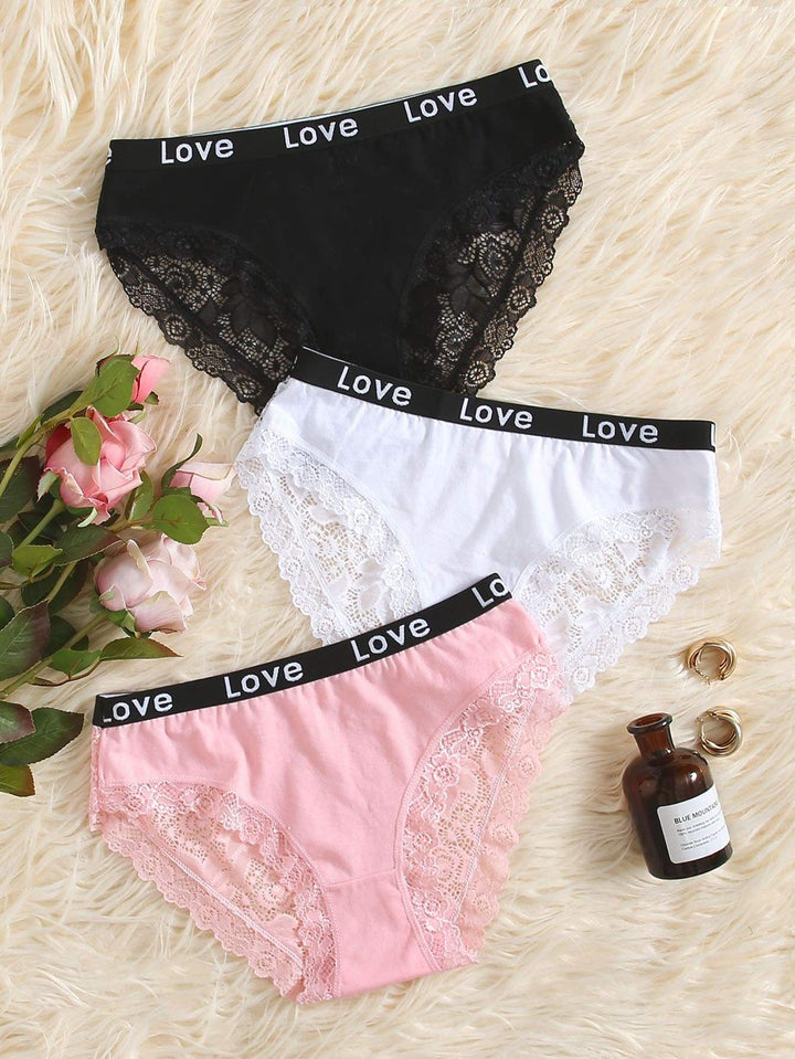 Shein- 3pack Letter Tape Contrast Lace Panty Set