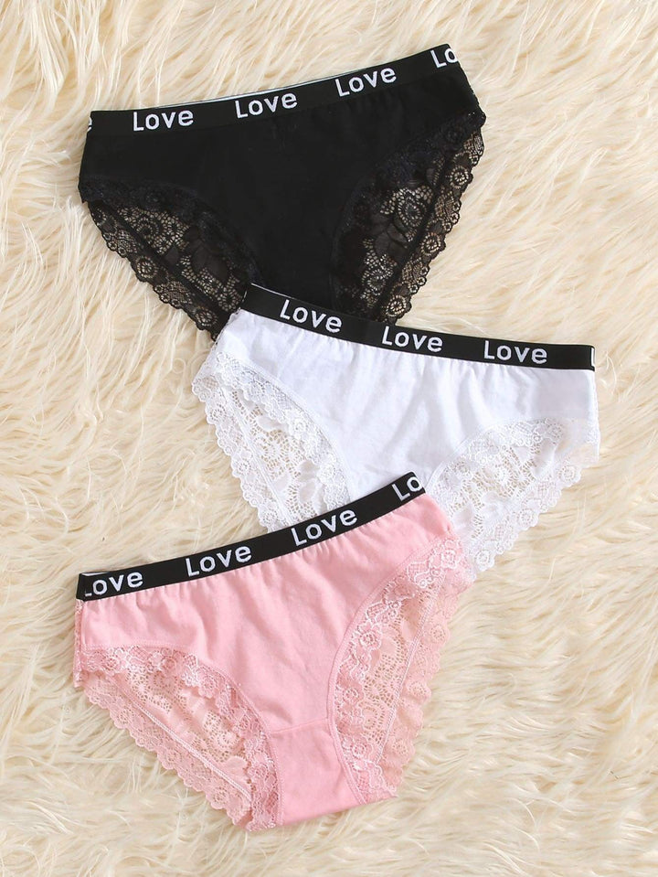 Shein- 3pack Letter Tape Contrast Lace Panty Set