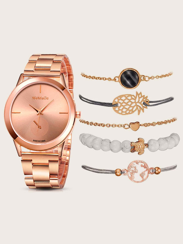 Shein- 1pc Round Pointer Quartz Watch & 5pcs Bracelet