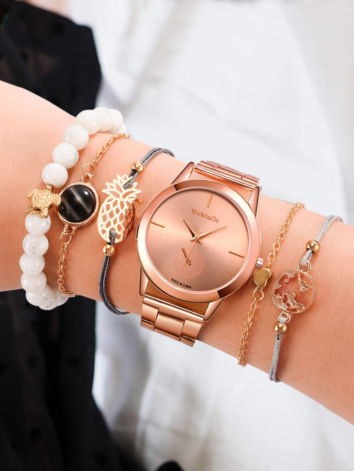 Shein- 1pc Round Pointer Quartz Watch & 5pcs Bracelet