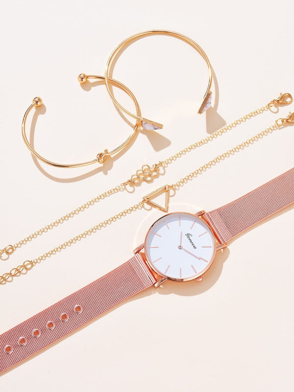 Shein- 1pc Round Pointer Mesh Strap Quartz Watch & 4pcs Bracelet