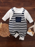 Shein- Yierying Baby Boy Pocket Front Striped 2 In 1 Jumpsuit