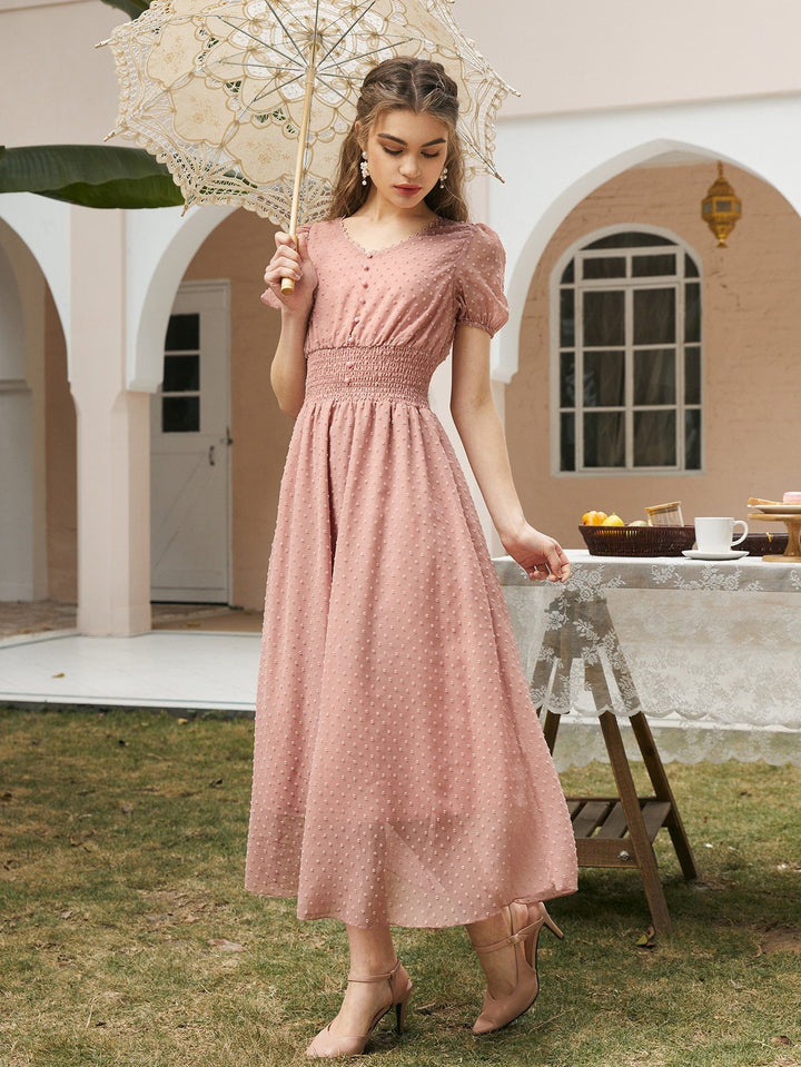 Shein- Swiss Dot Shirred Waist Puff Sleeve A-line Dress Bagallery Shein- Swiss Dot Shirred Waist Puff Sleeve A-line Dress Bagallery