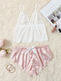 Shein- Floral Lace Bralette With Striped Satin Shorts