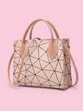 Shein- Geometric Pattern Snap Button Satchel Bag - Pink