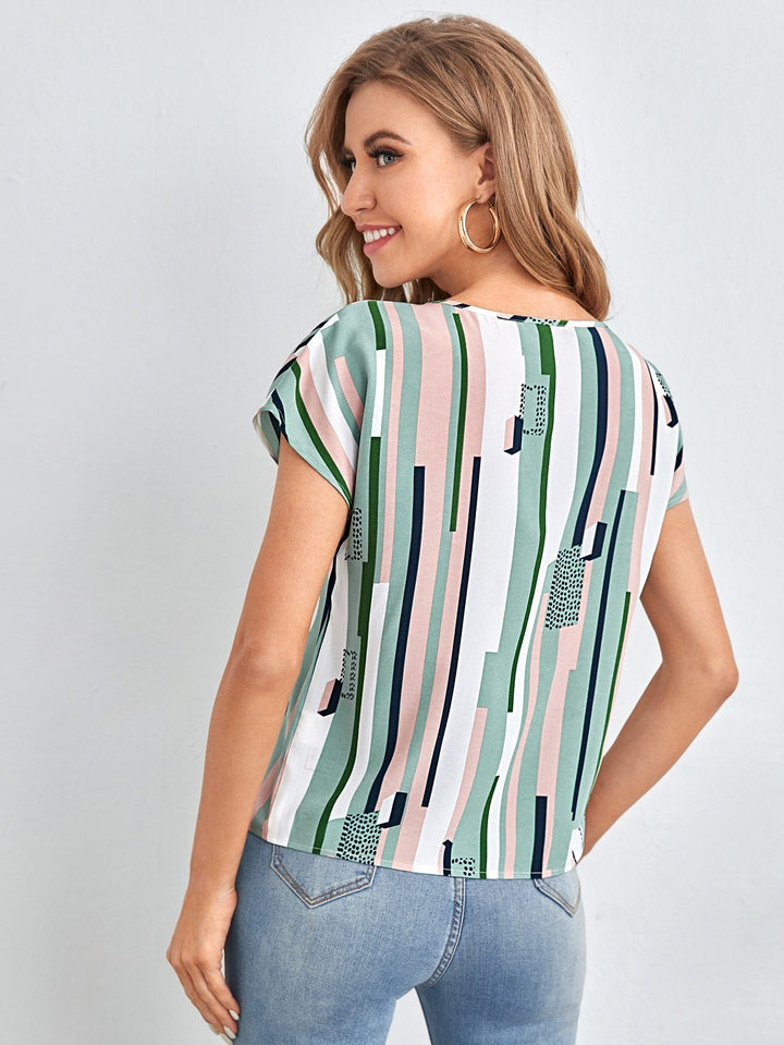 Shein- Cutout V-neck Geo & Striped Print Top