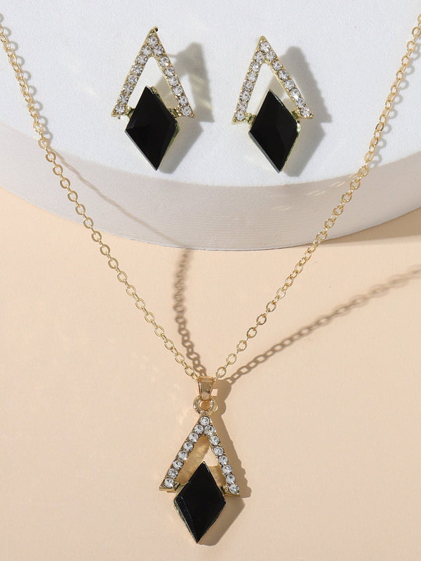 Shein- 1pc Rhinestone Geometric Decor Necklace & 1pair Earrings