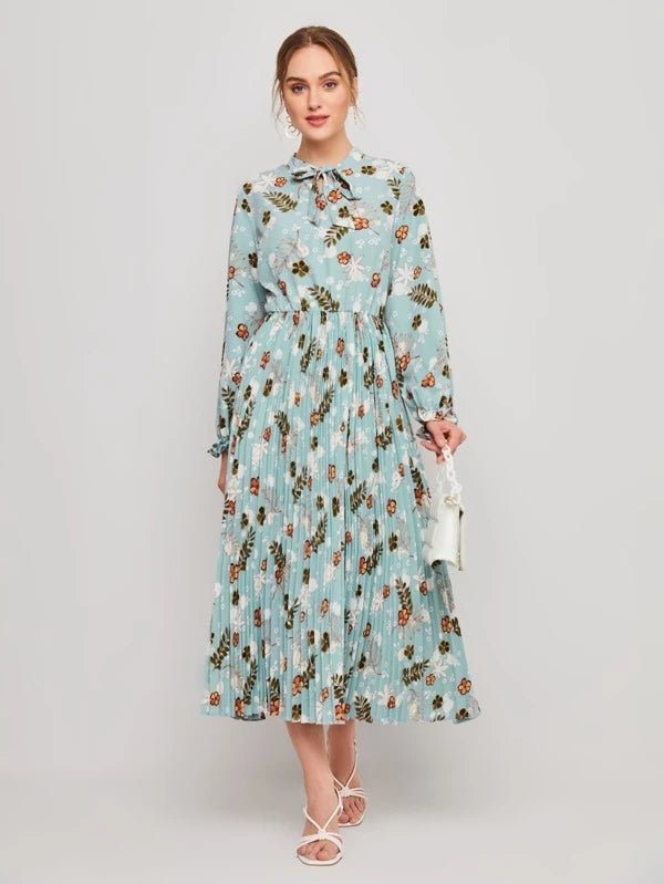 Shein- Tie Neck Flounce Sleeve Pleated Hem Dress